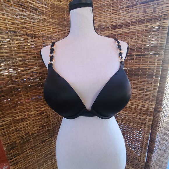 Victoria Secret 36DD Very Sexy Push Up Bra 36DD Black Gold Metal Circles Straps - Picture 1 of 6
